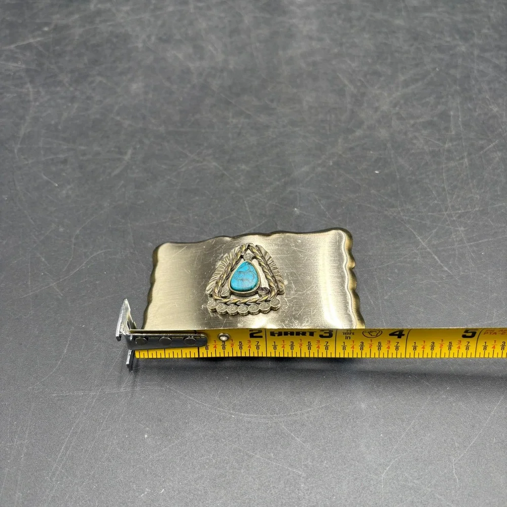 Vtg Native American Theme Belt Buckle Faux Turquoise Scalloped Edge Southwestern